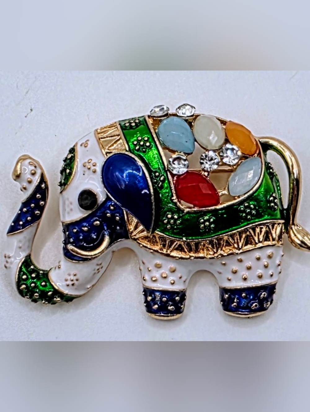 Colorful Elephant Brooch Enamel Rhinestone Gold Tone Animal Statement Pin